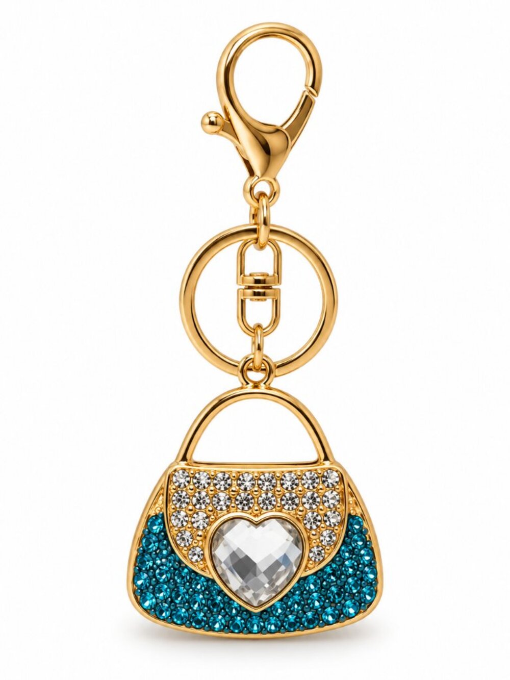 Blue Rhinestone Handbag Keychain Gold Tone Heart Crystal Purse Bag Charm NEW